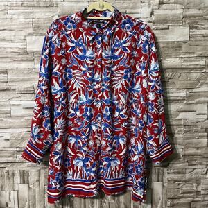 Tommy Hilfiger Women XL Floral Button Up Shirt Lightweight Long Sleeve Red Blue